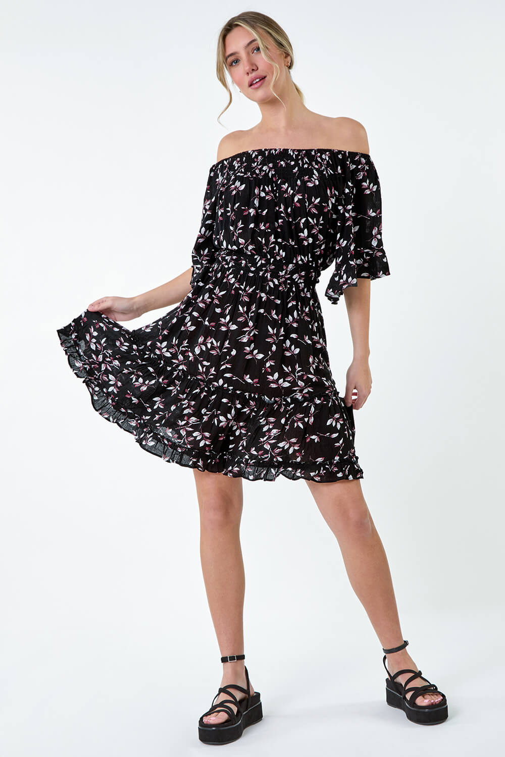 Black Ditsy Floral Bardot Pocket Dress