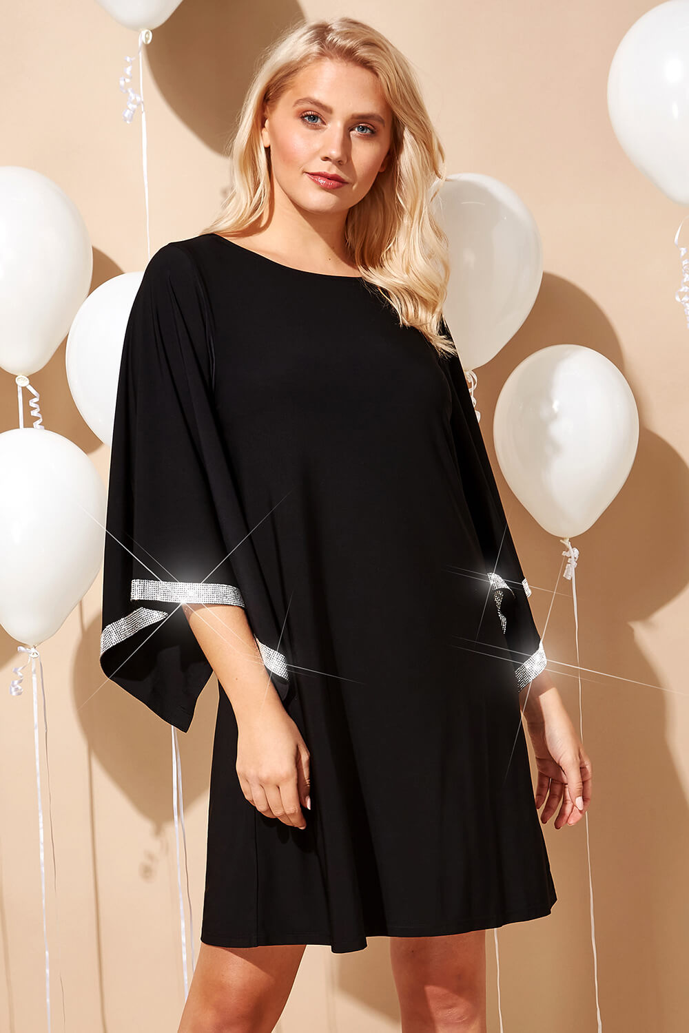 Black Diamante Trim Swing Dress