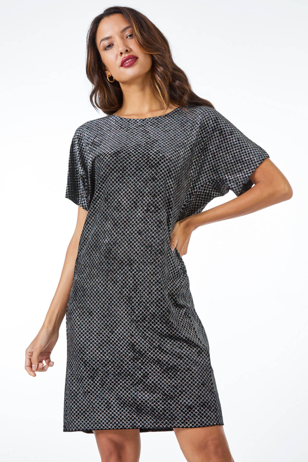 Black Glitter Spot Stretch Shift Dress