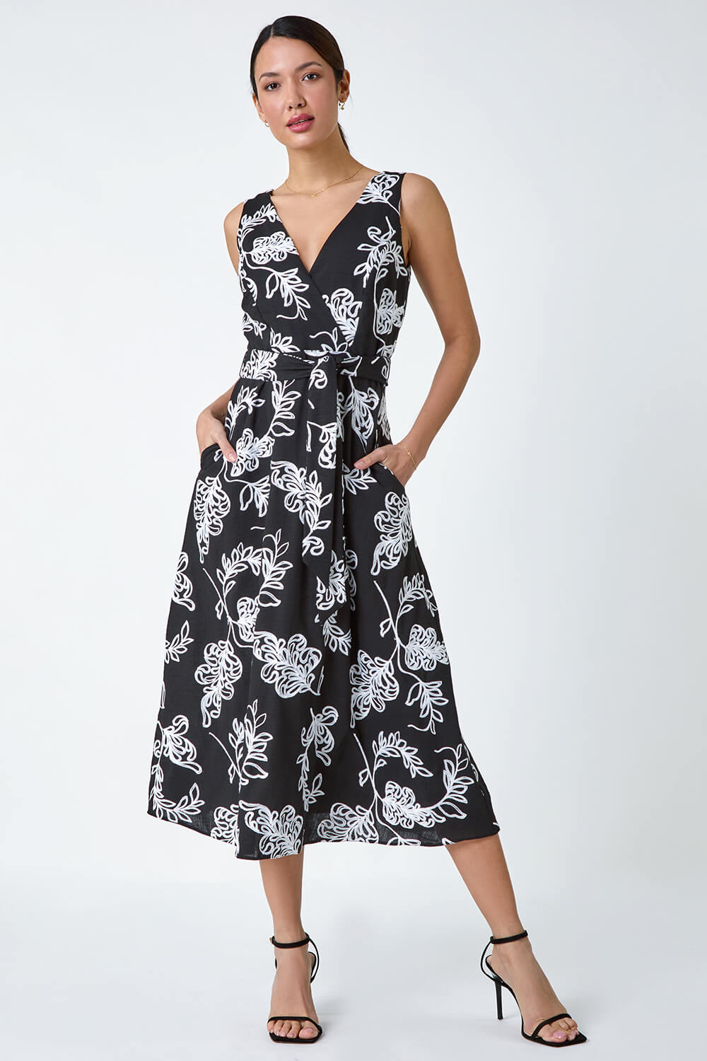 Black Floral Embroidered Cotton Blend Dress
