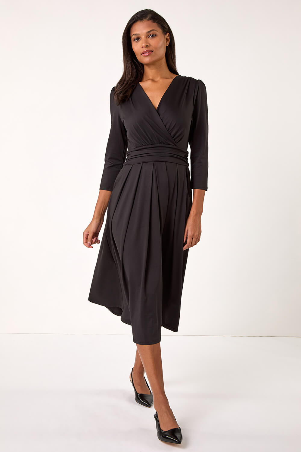 Black Mock Wrap V-Neck Stretch Midi Dress