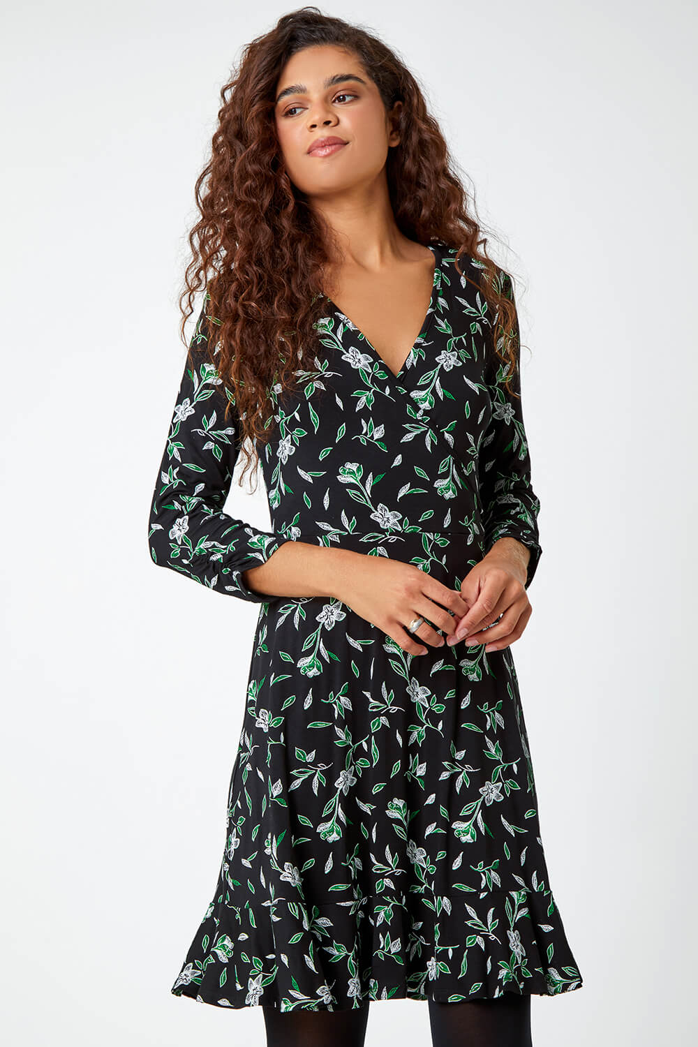 Black Leaf Print Frill Hem Wrap Stretch Dress