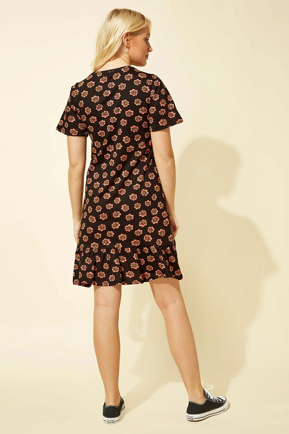 Black Floral Print Frill Hem Dress