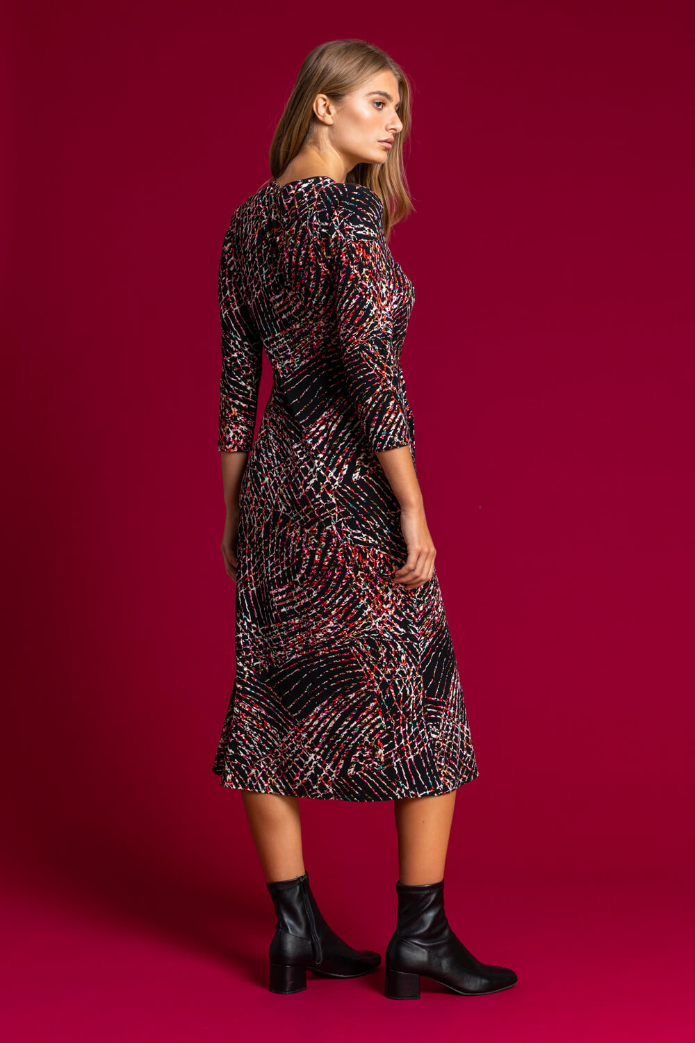 Black D Ring Textured Print Wrap Midi Dress