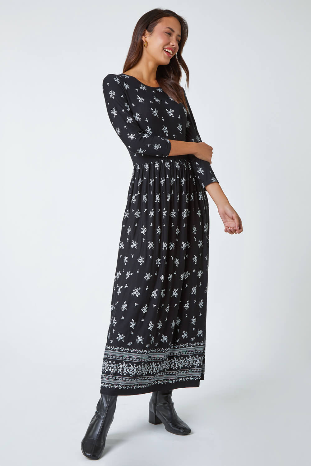 Black Floral Border Print Maxi Stretch Dress