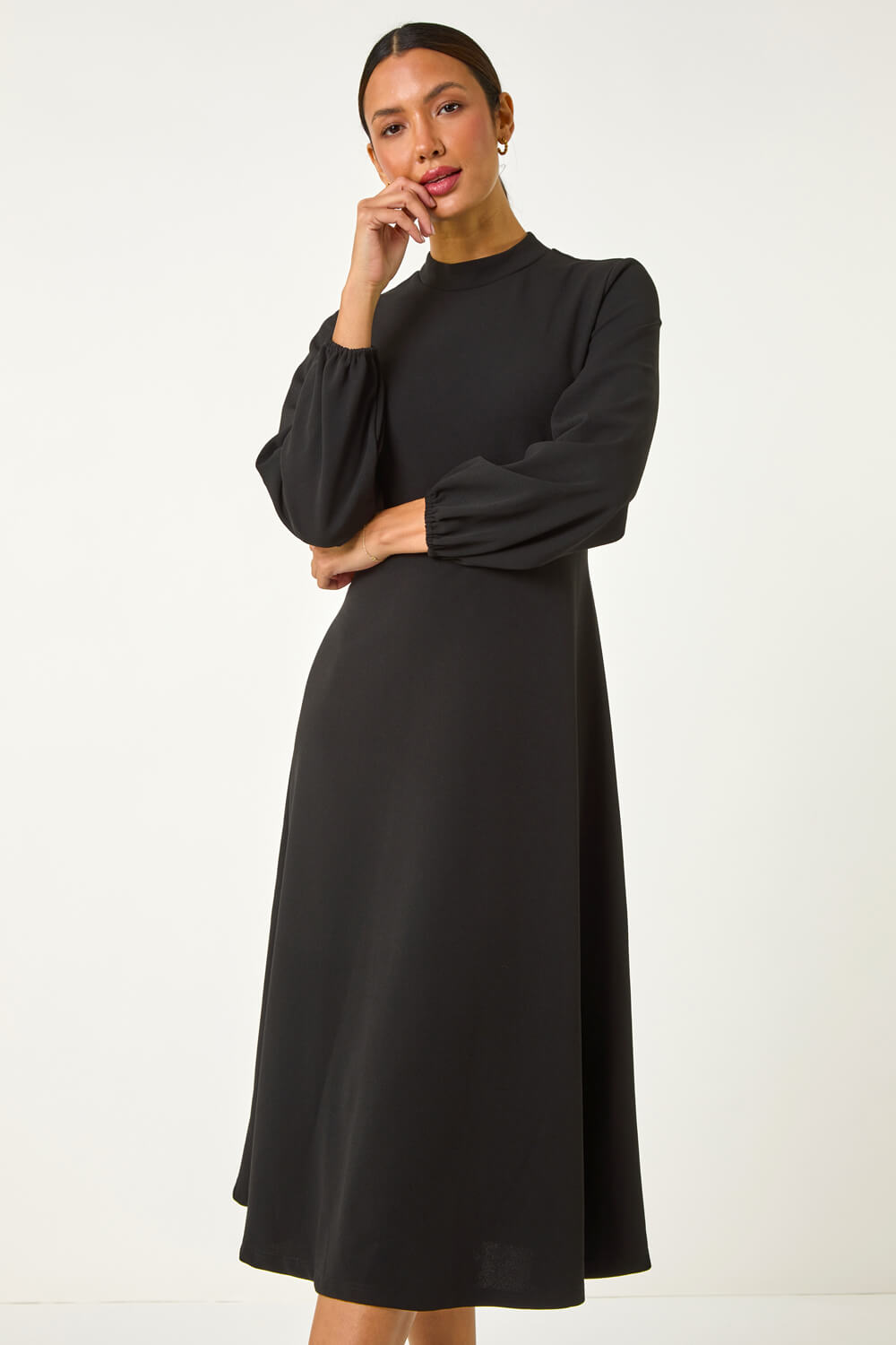 Black High Neck Fit & Flare Stretch Dress