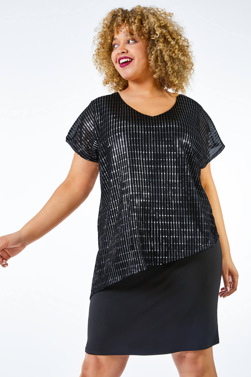 Black Curve Asymmetric Shimmer Overlay Dress
