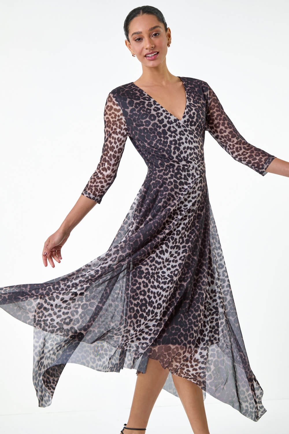 Black Animal Stretch Mesh Hanky Hem Wrap Dress