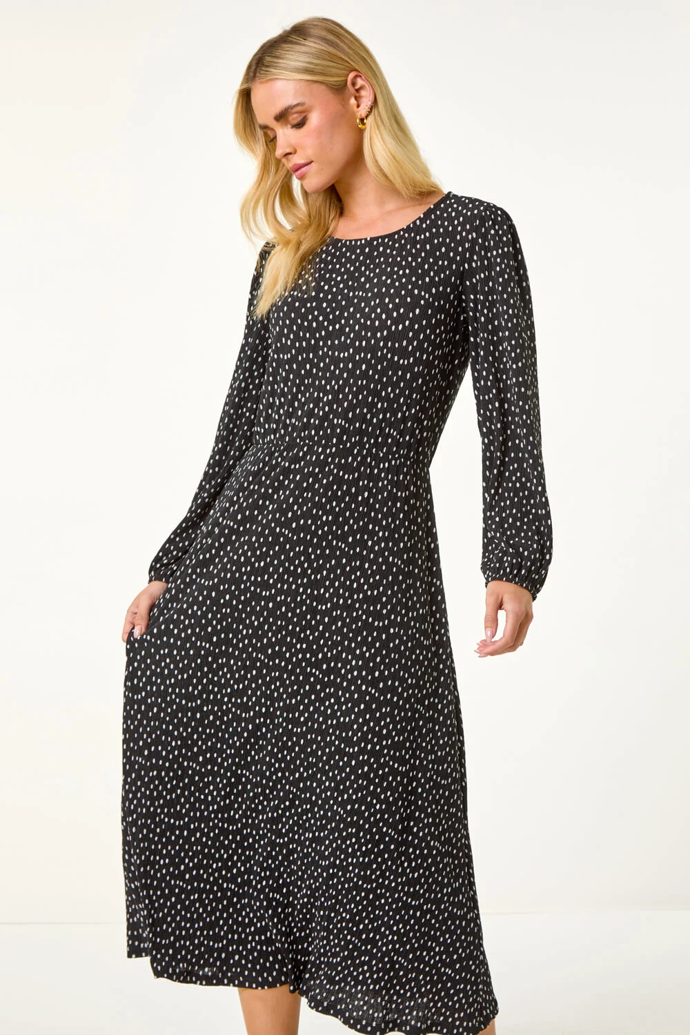 Black Petite Plisse Spot Midi Dress