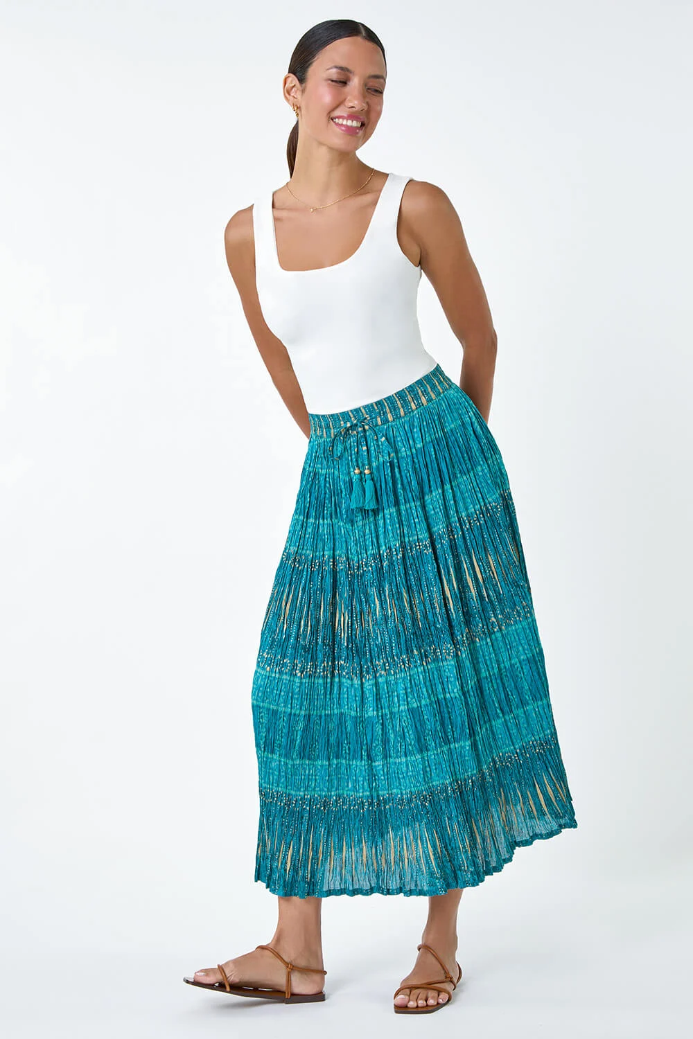 Aqua Crinkle Cotton Metallic Foil A Line Midi Skirt