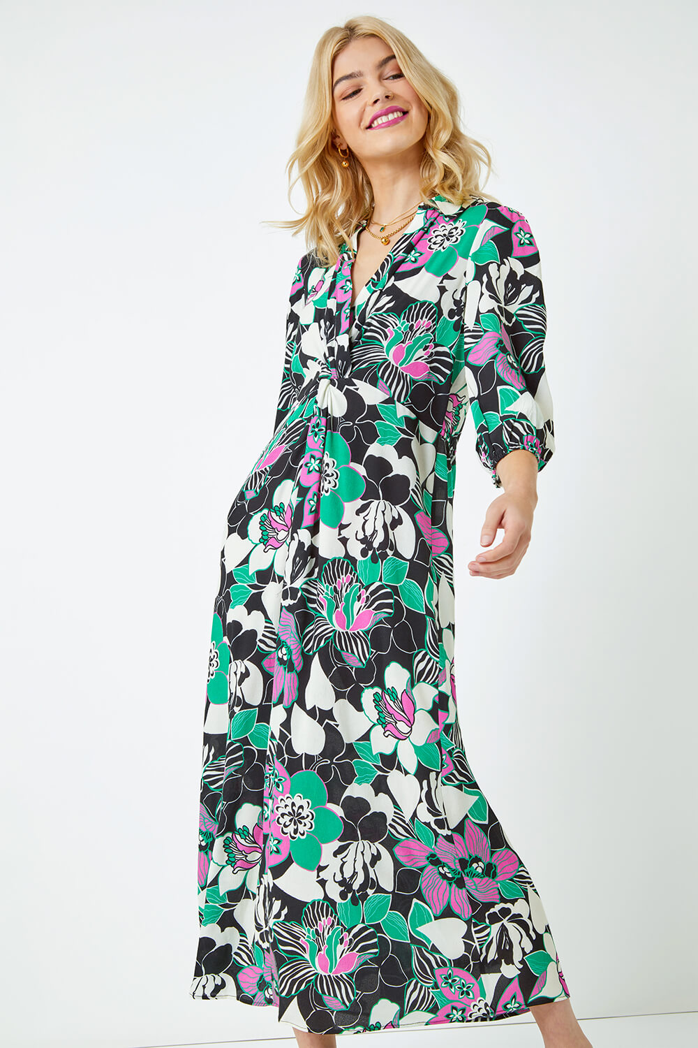 Black Floral Twist Front Maxi Shirt Dress