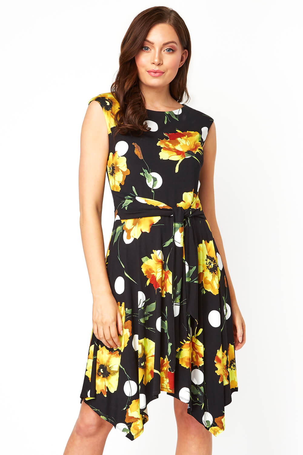 Black Floral Spot Hanky Hem Dress