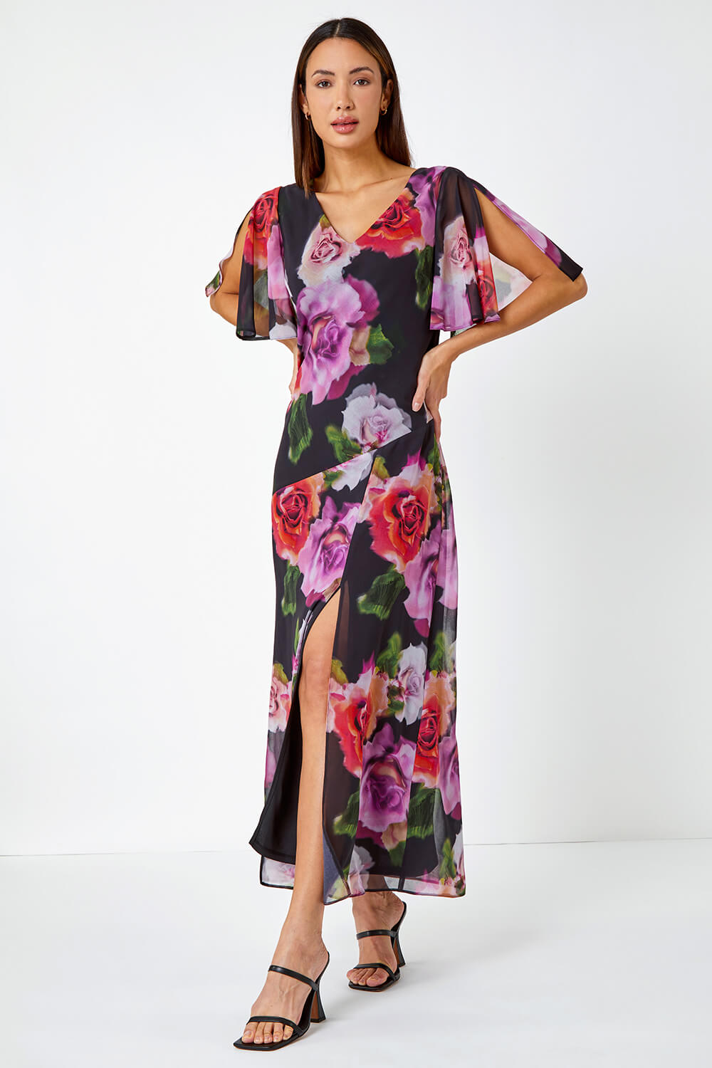 Black Floral Print Chiffon Tie Back Maxi Dress