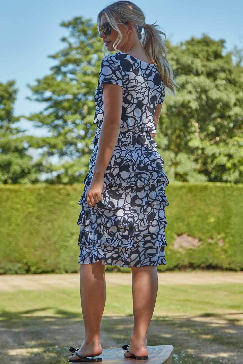 Black Monochrome Print Frill Tiered Dress