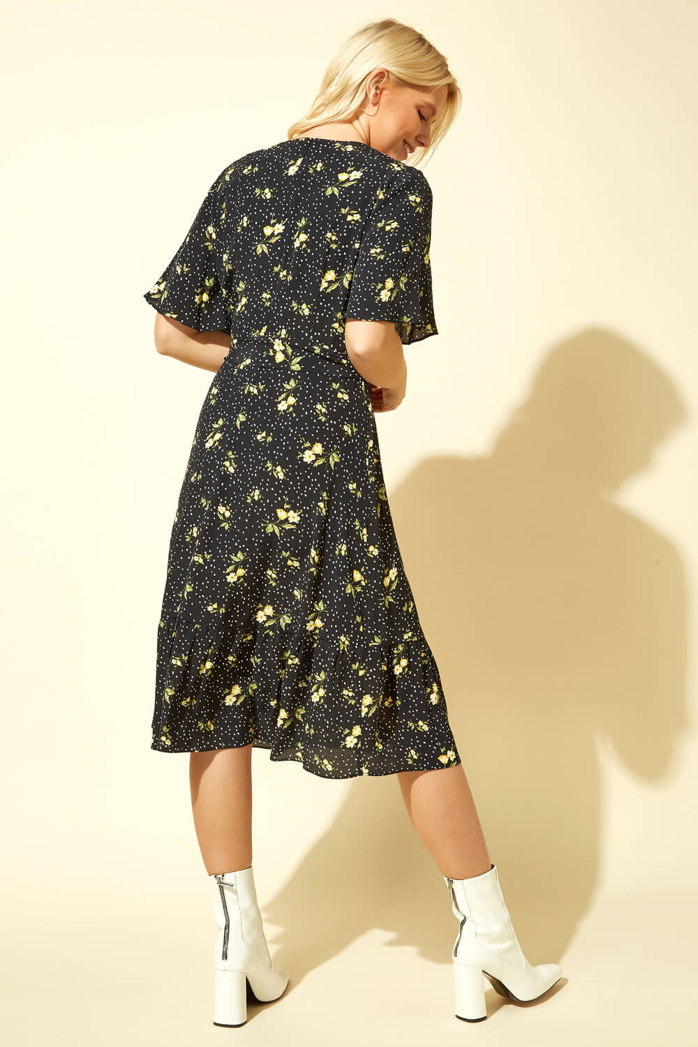 Black Floral Spot Wrap Midi Dress