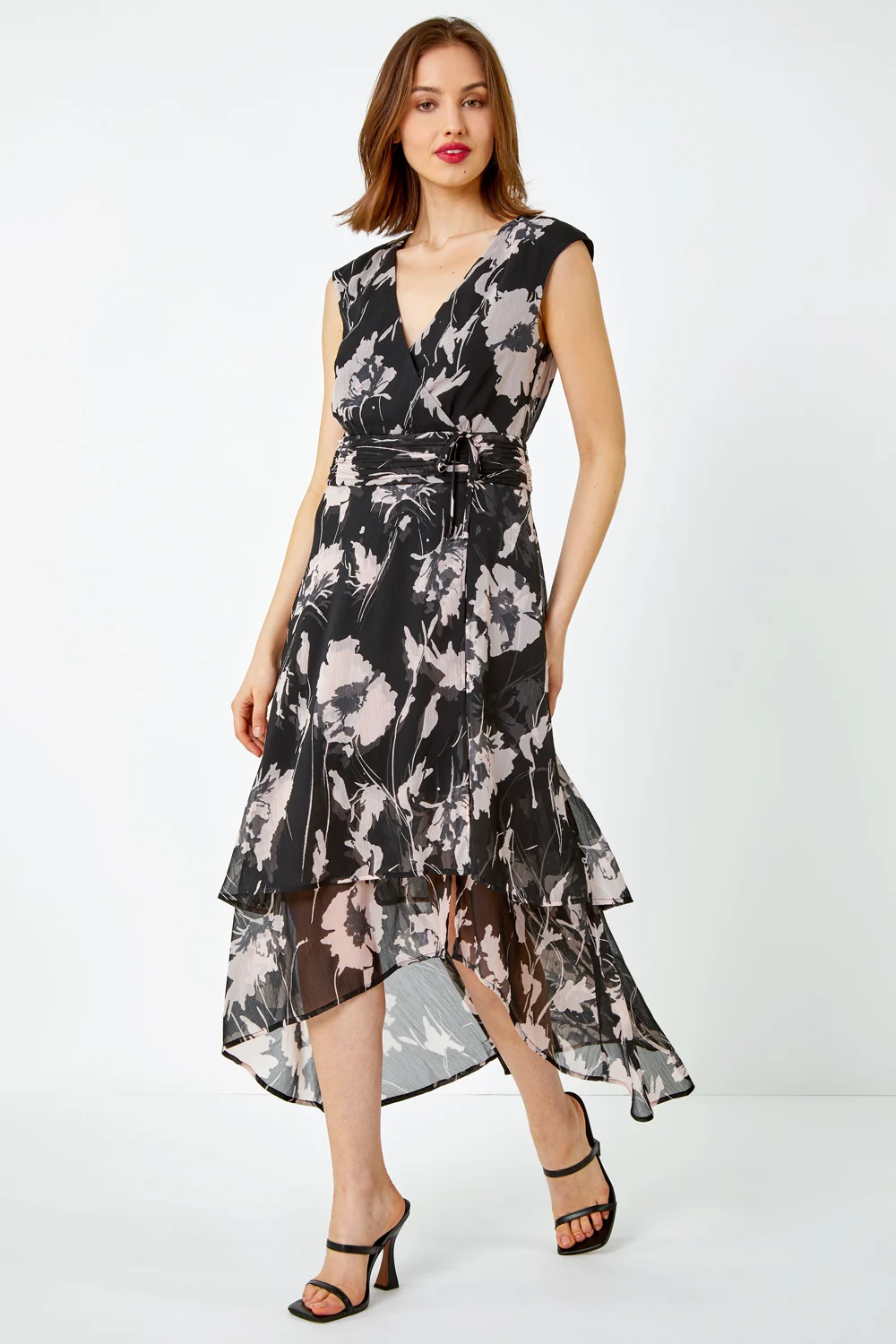 Black Embellished Floral Print Tiered Midi Dress