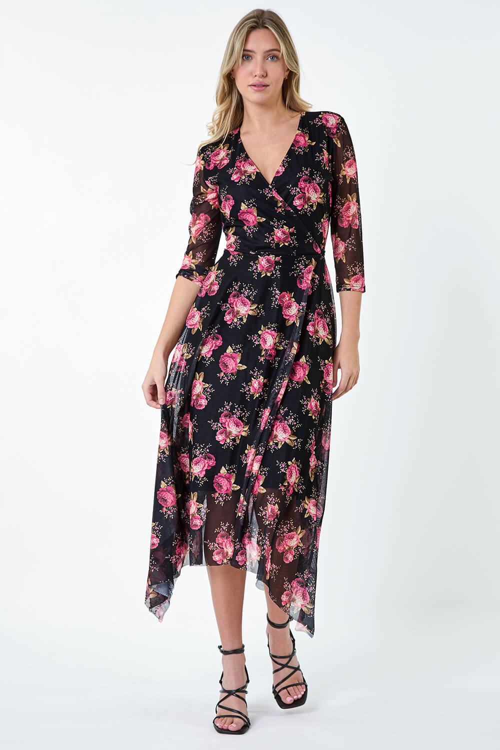 Black Floral Stretch Mesh Hanky Hem Wrap Dress
