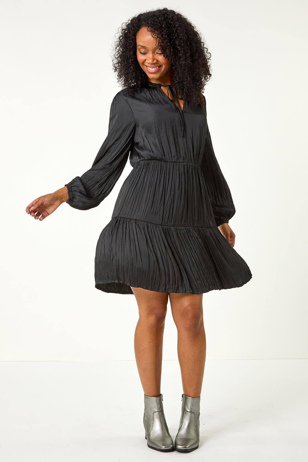 Black Petite Crushed Pleat Tier Dress