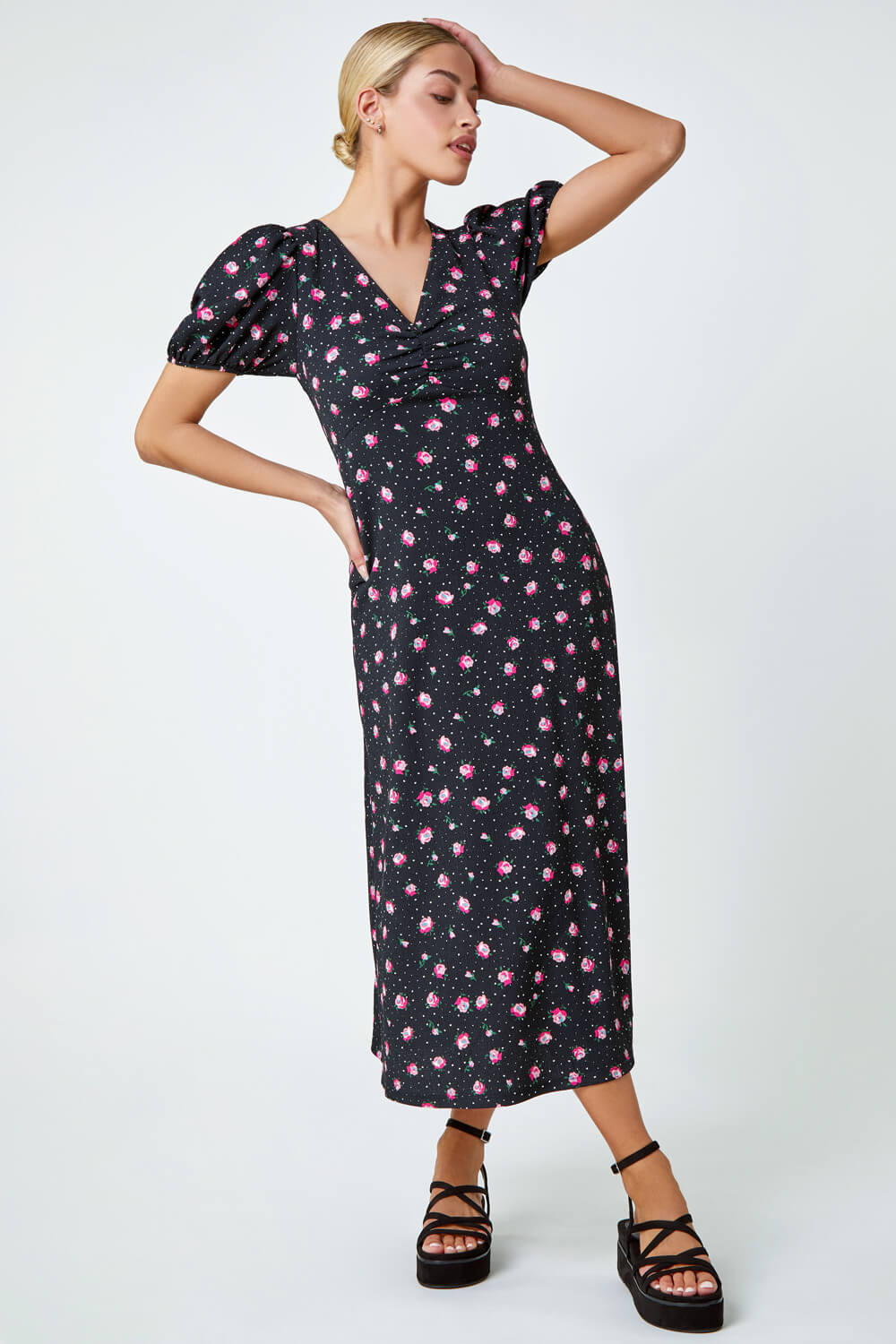 Black Ditsy Floral Print Lace Back Midi Dress