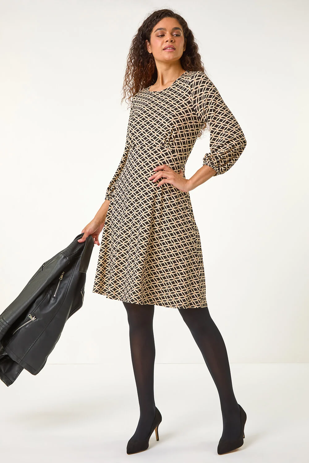 Black Geometric Print Fit & Flare Stretch Dress