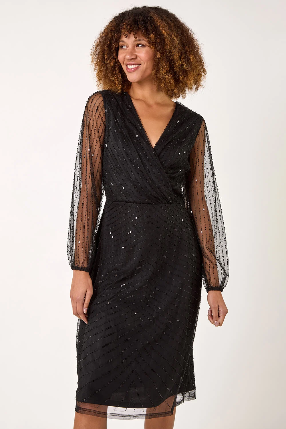 Black Embellished V-Neck Wrap Dress