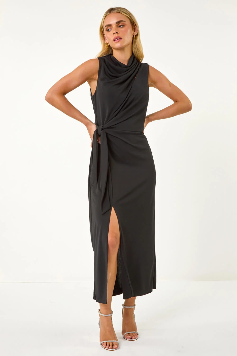 Black Petite Stretch Cowl Neck Wrap Dress