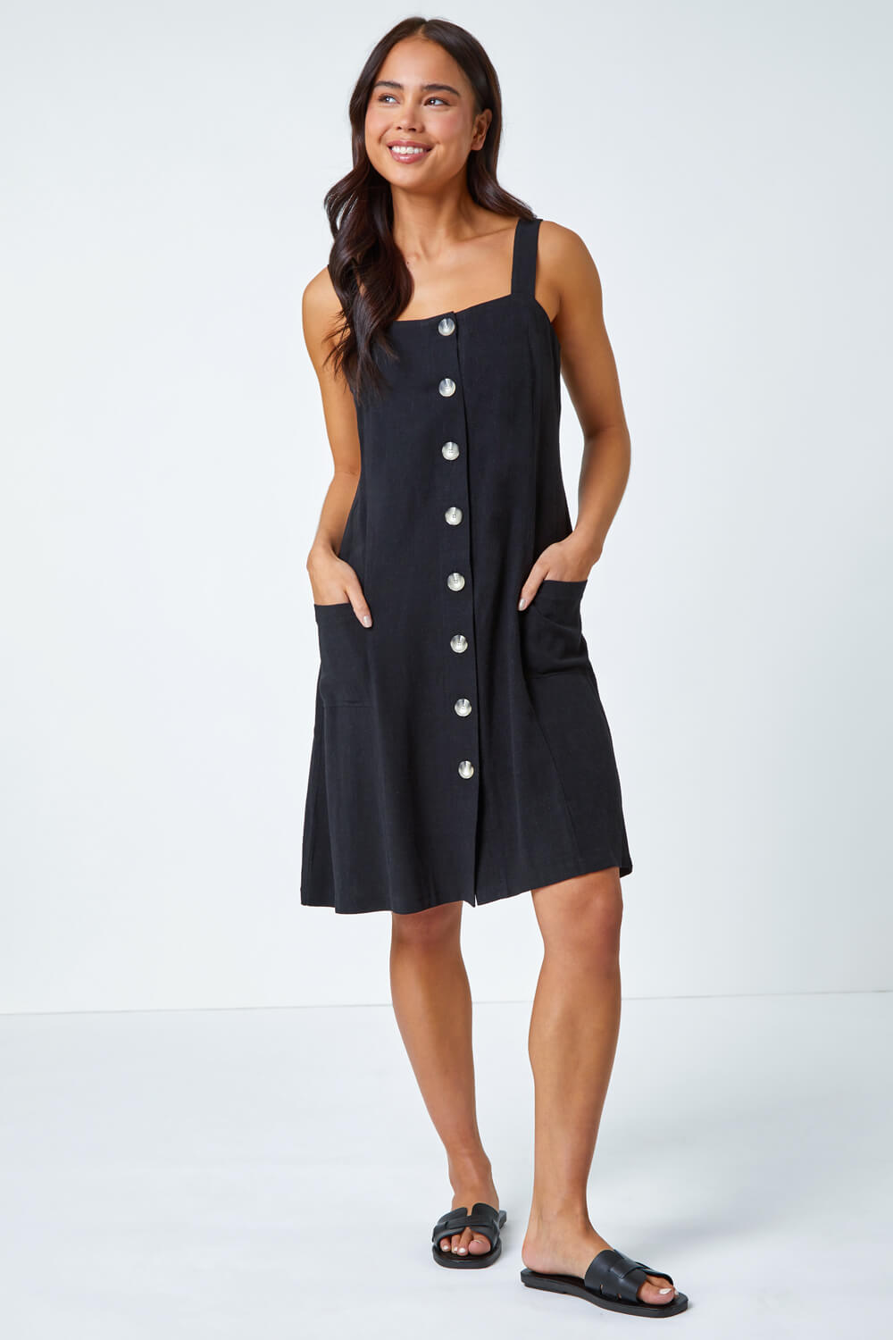 Black Petite Button Front Pocket Dress