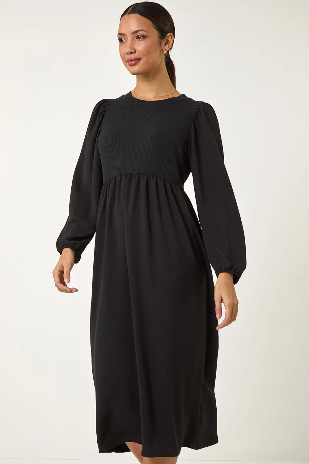 Black Jersey Mix Stretch Midi Dress