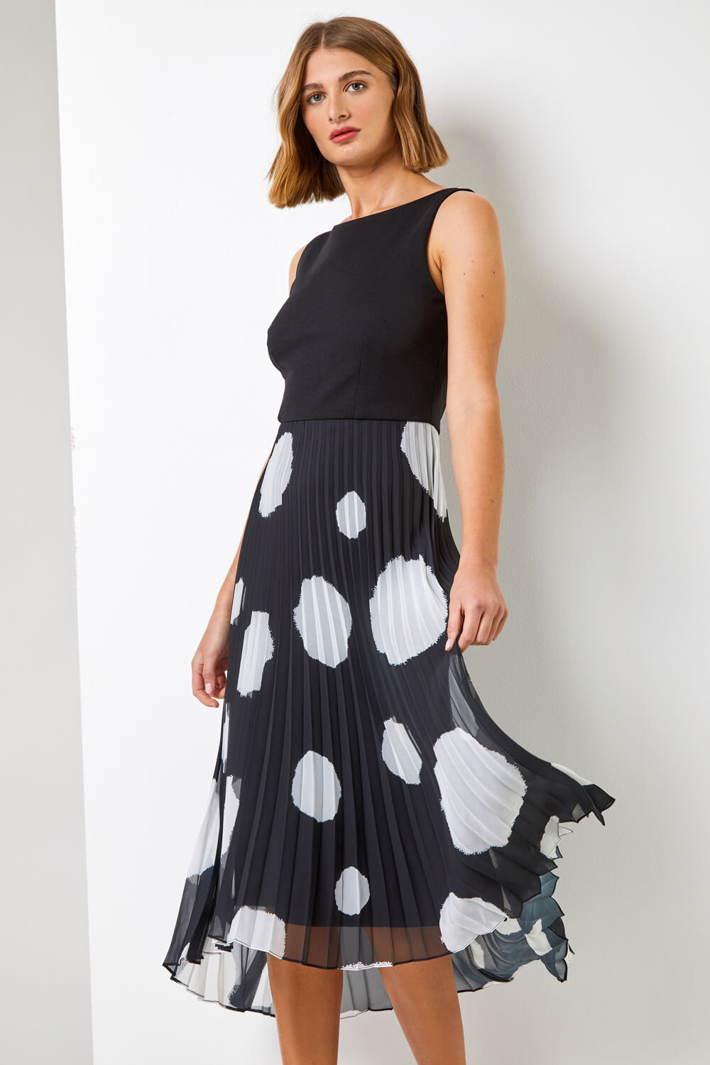 Black Contrast Spot Print Chiffon Fit & Flare Dress