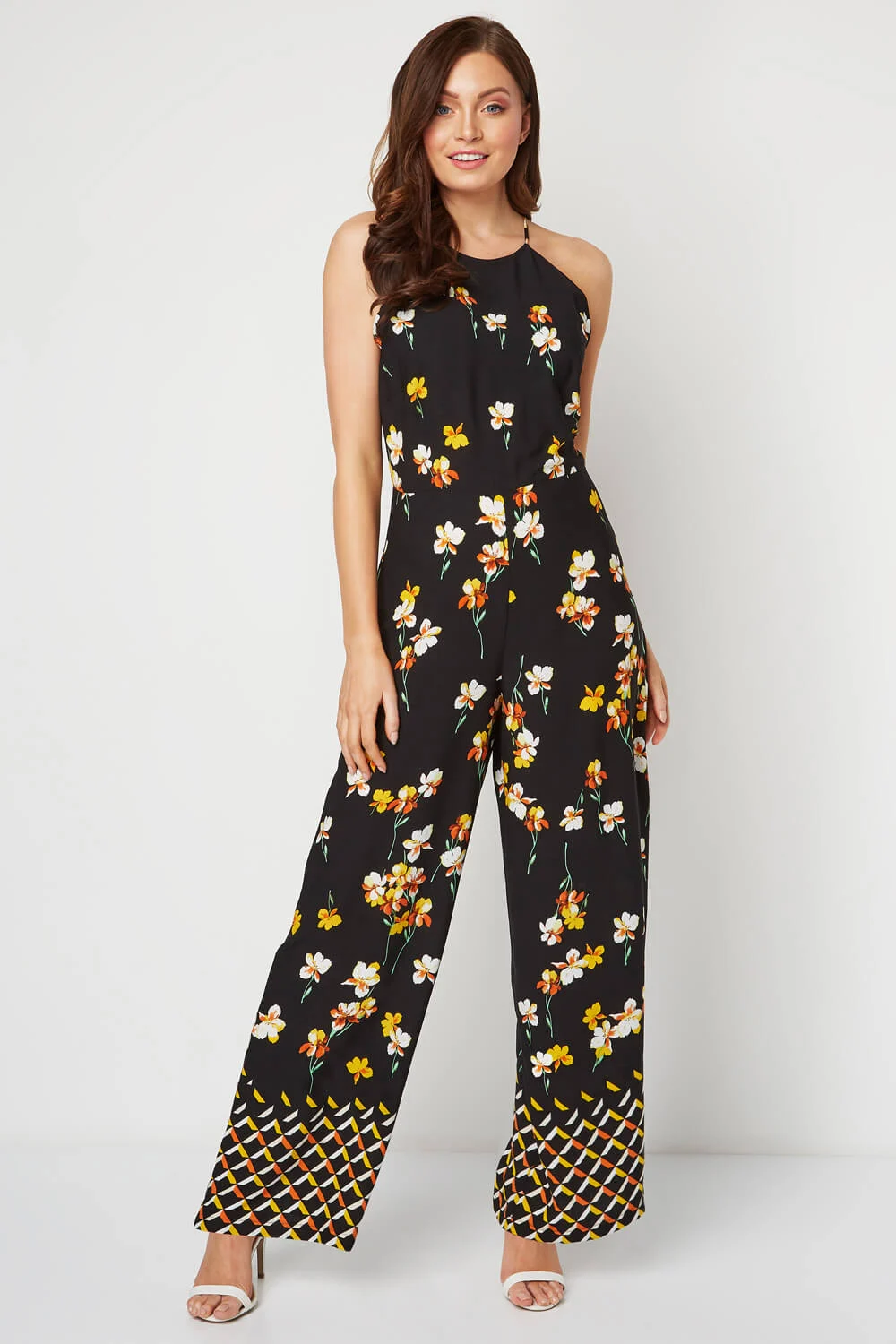 Black Floral Border Print Jumpsuit