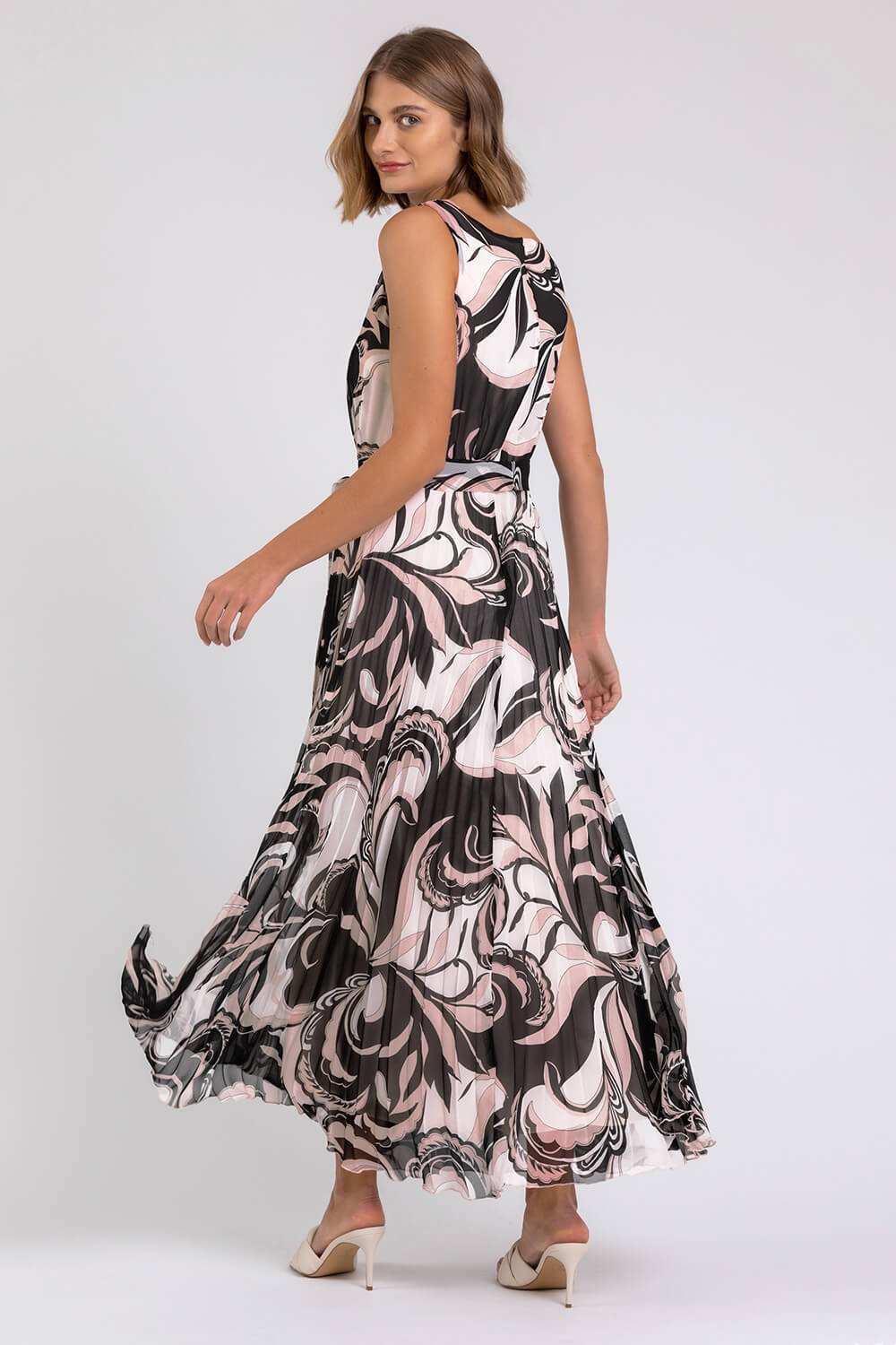 Beige Abstract Print Pleated Chiffon Maxi Dress