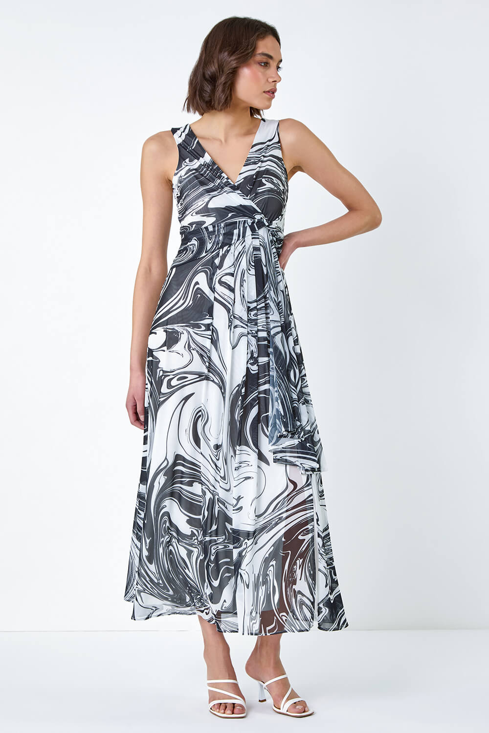 Black Marble Print Wrap Mesh Dress