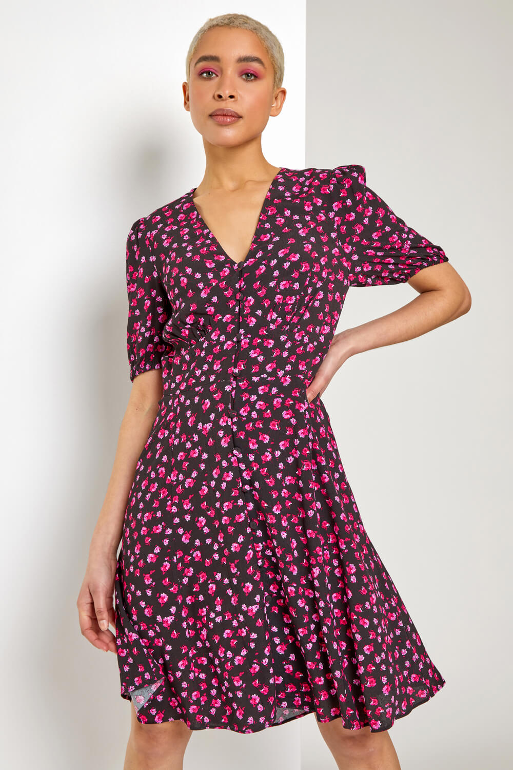 Black Ditsy Floral Frill Hem Tea Dress