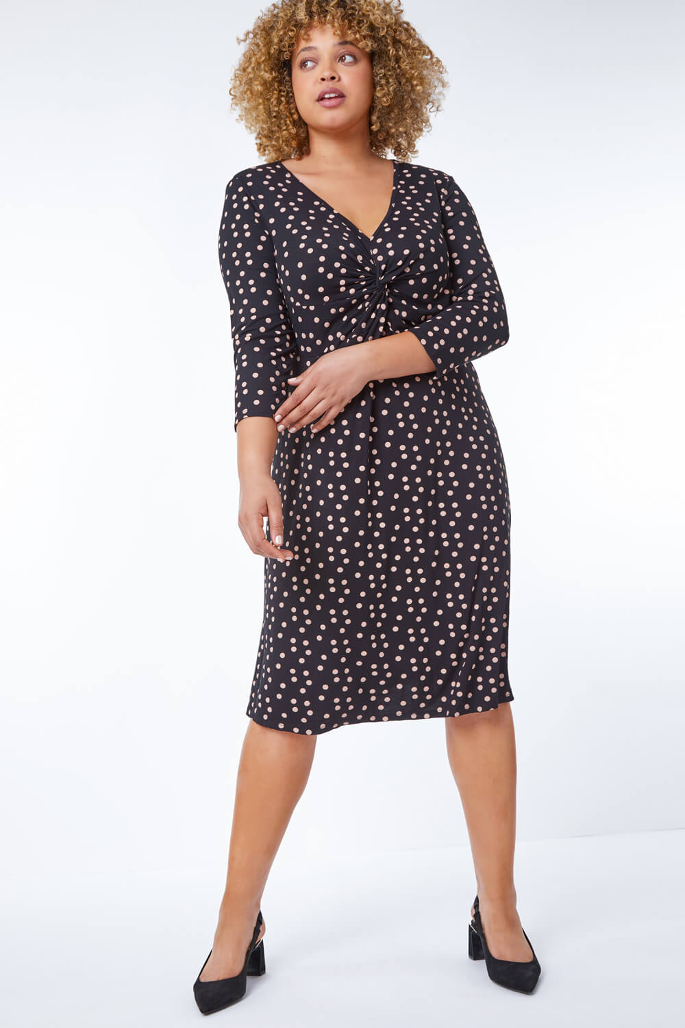 Black Curve Spot Print Twist Front Ruched Dress