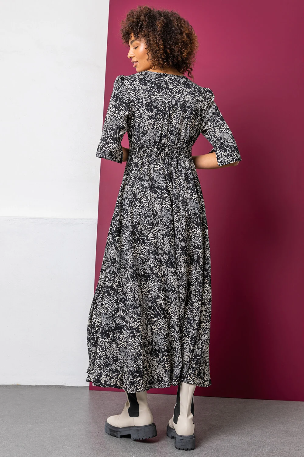 Black Floral Print Shirred Waist Maxi Dress