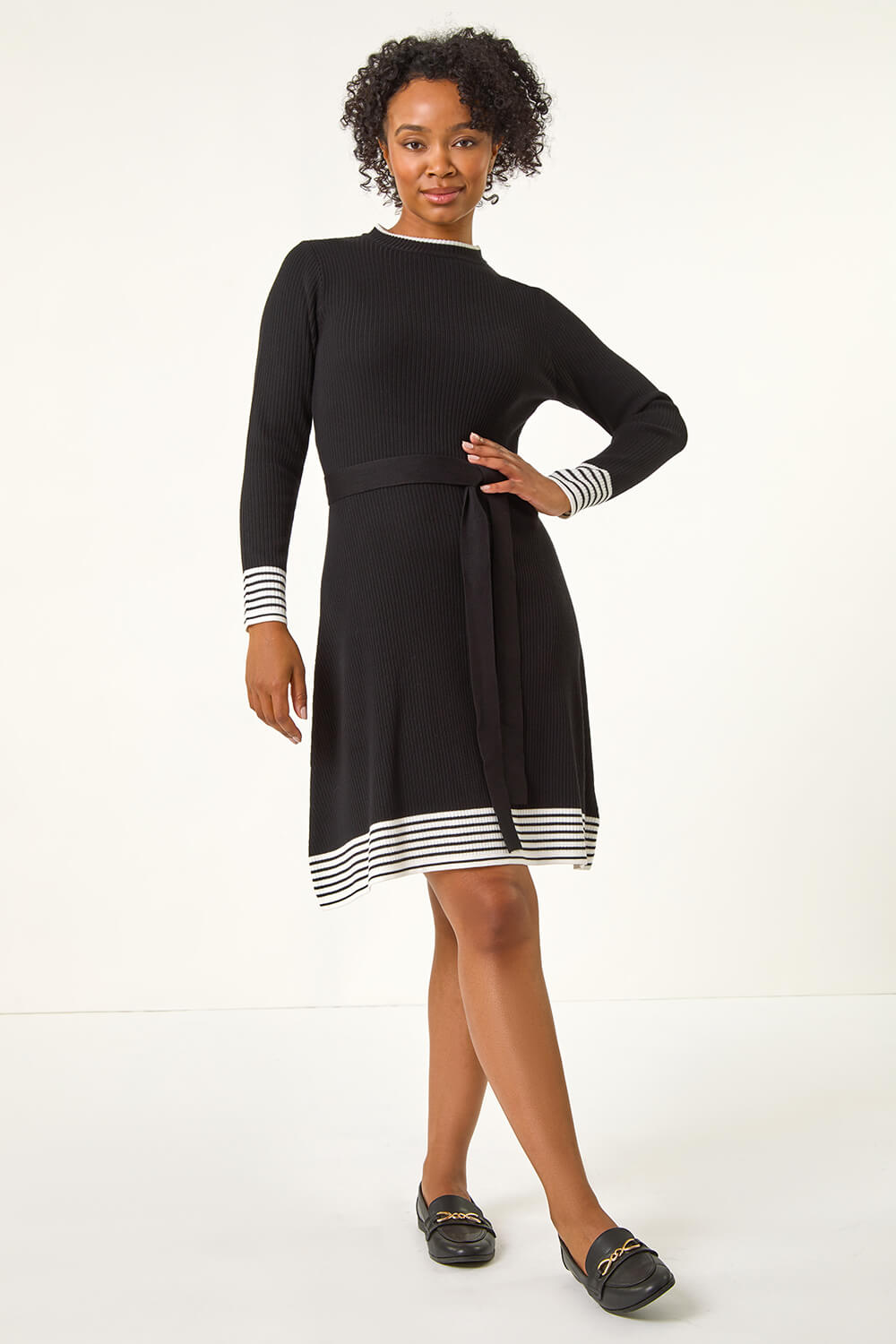 Black Petite Stripe Knitted Midi Dress