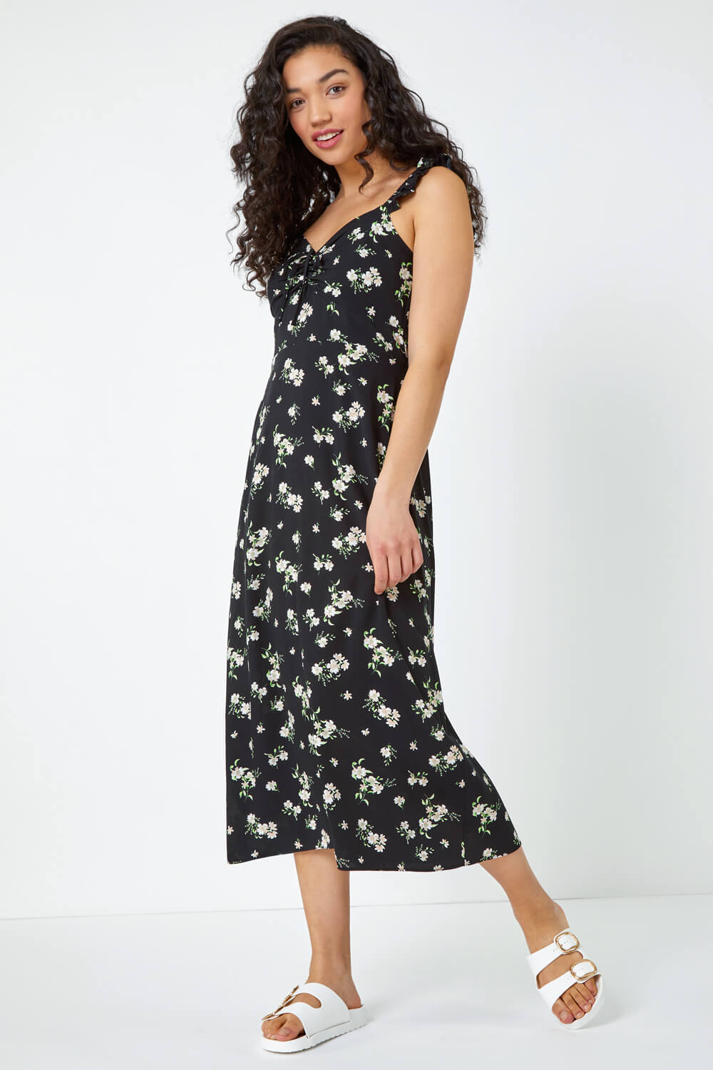 Black Dusk Ditsy Floral Print Midi Sundress