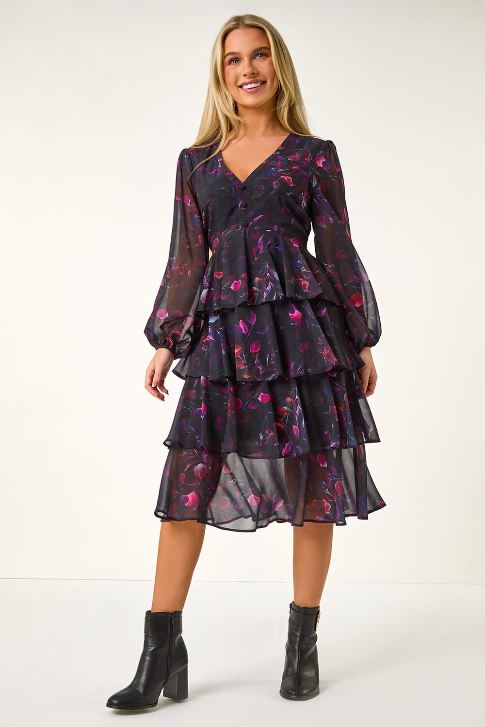 Black Petite Floral Print Tiered Midi Dress