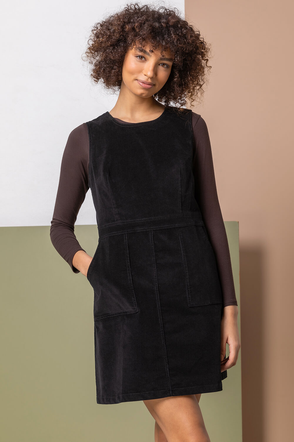 Black Corduroy Pull On Pinafore Shift Dress
