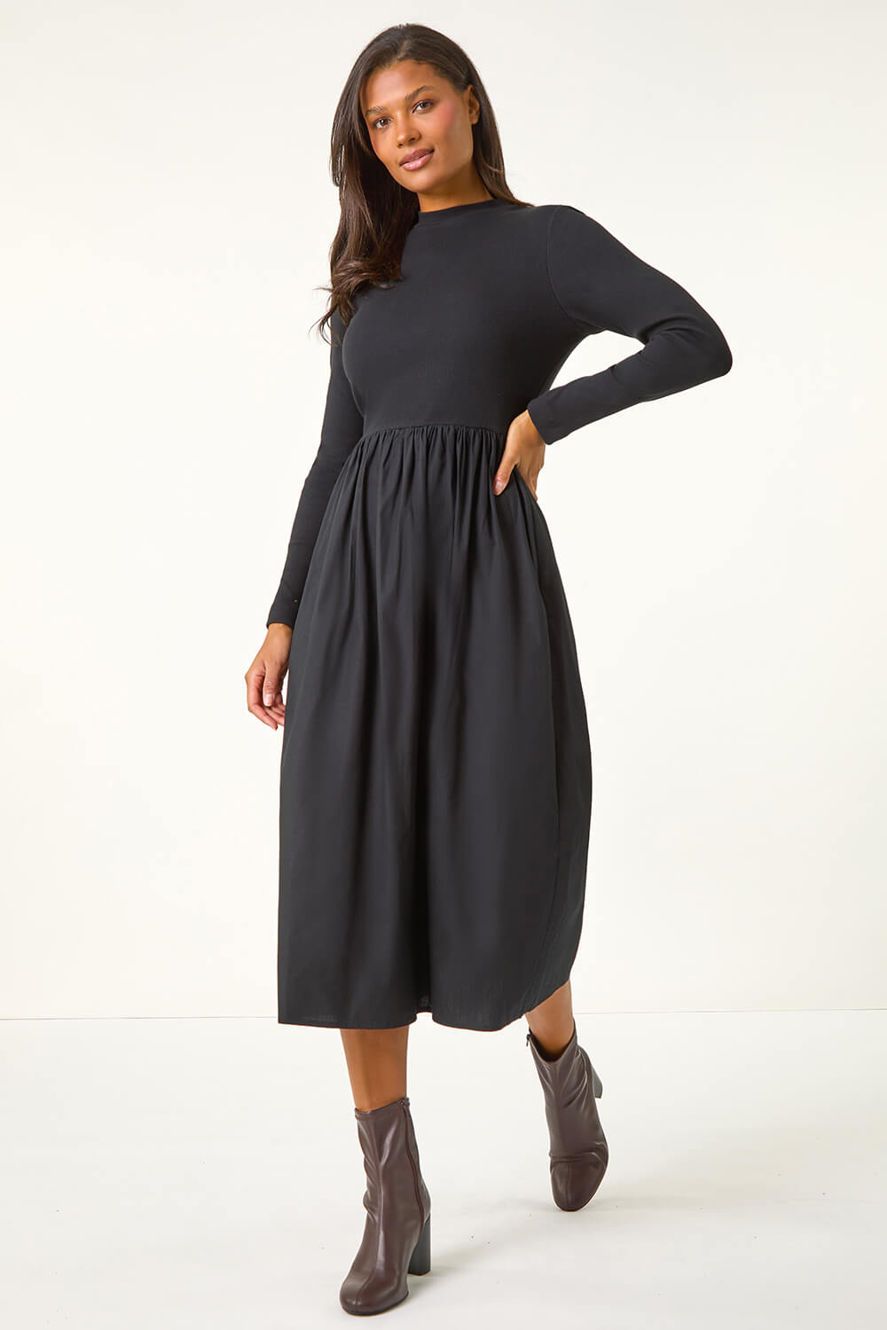 Black Cotton Stretch Jersey Mix Midi Dress