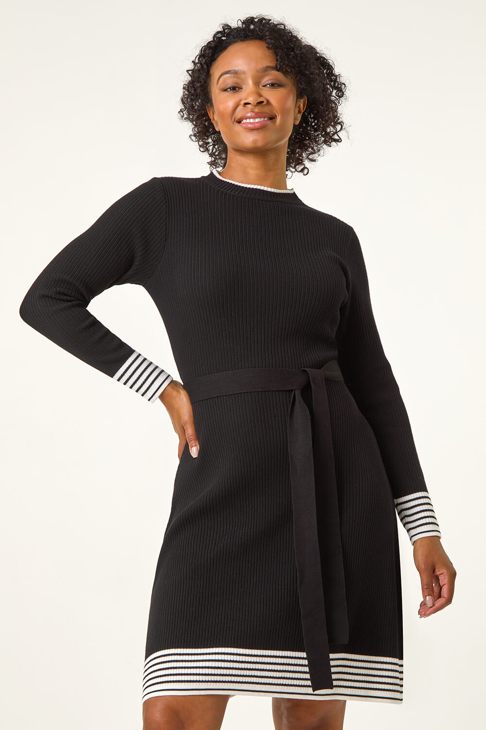 Black Petite Stripe Knitted Midi Dress