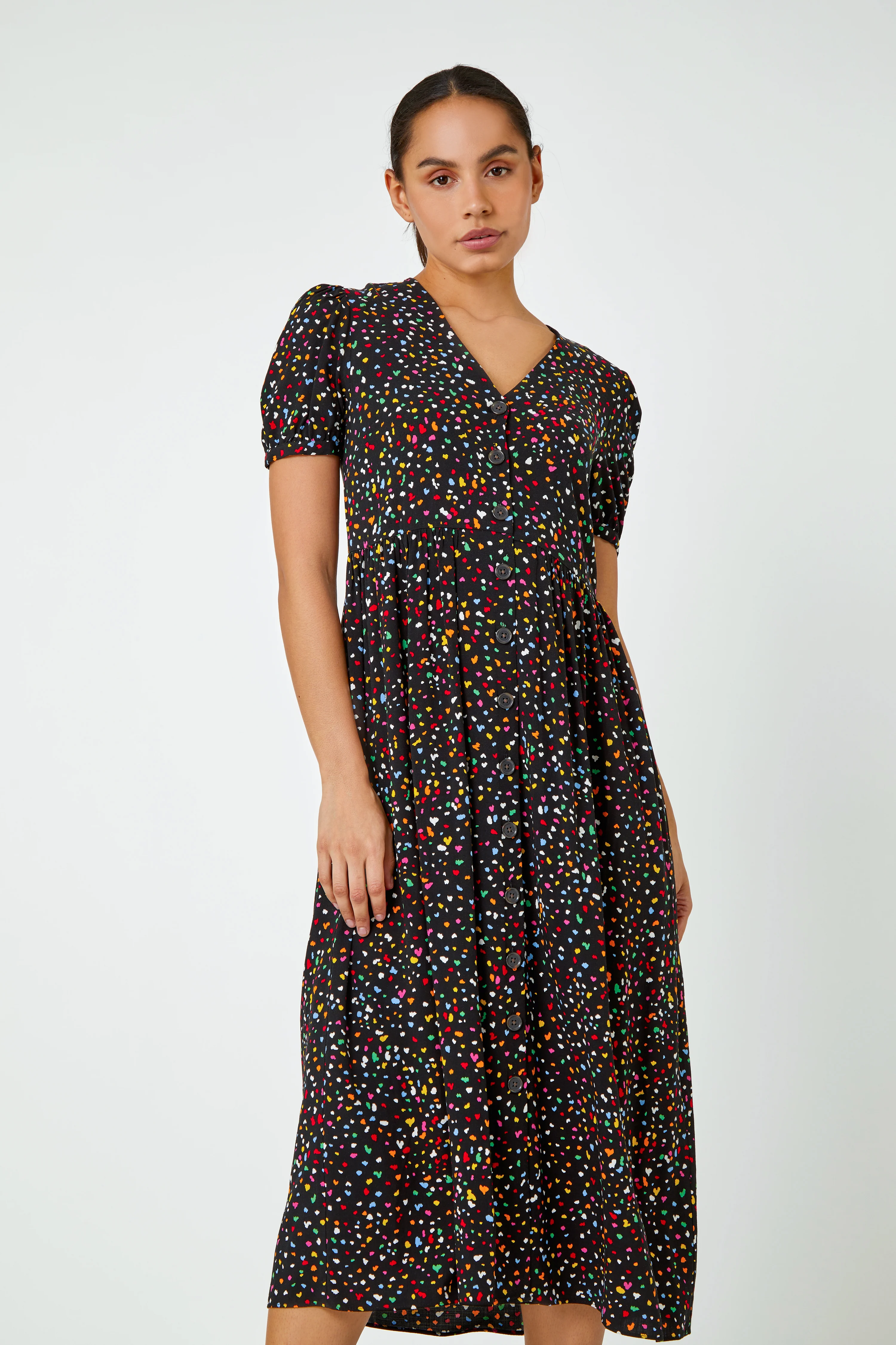 Black Ditsy Spot Print Button Down Dress