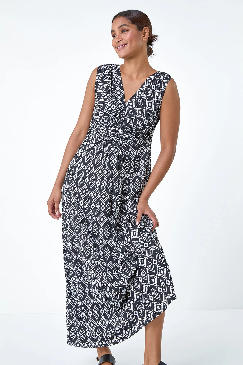 Black Aztec Puff Print Twist Stretch Maxi Dress