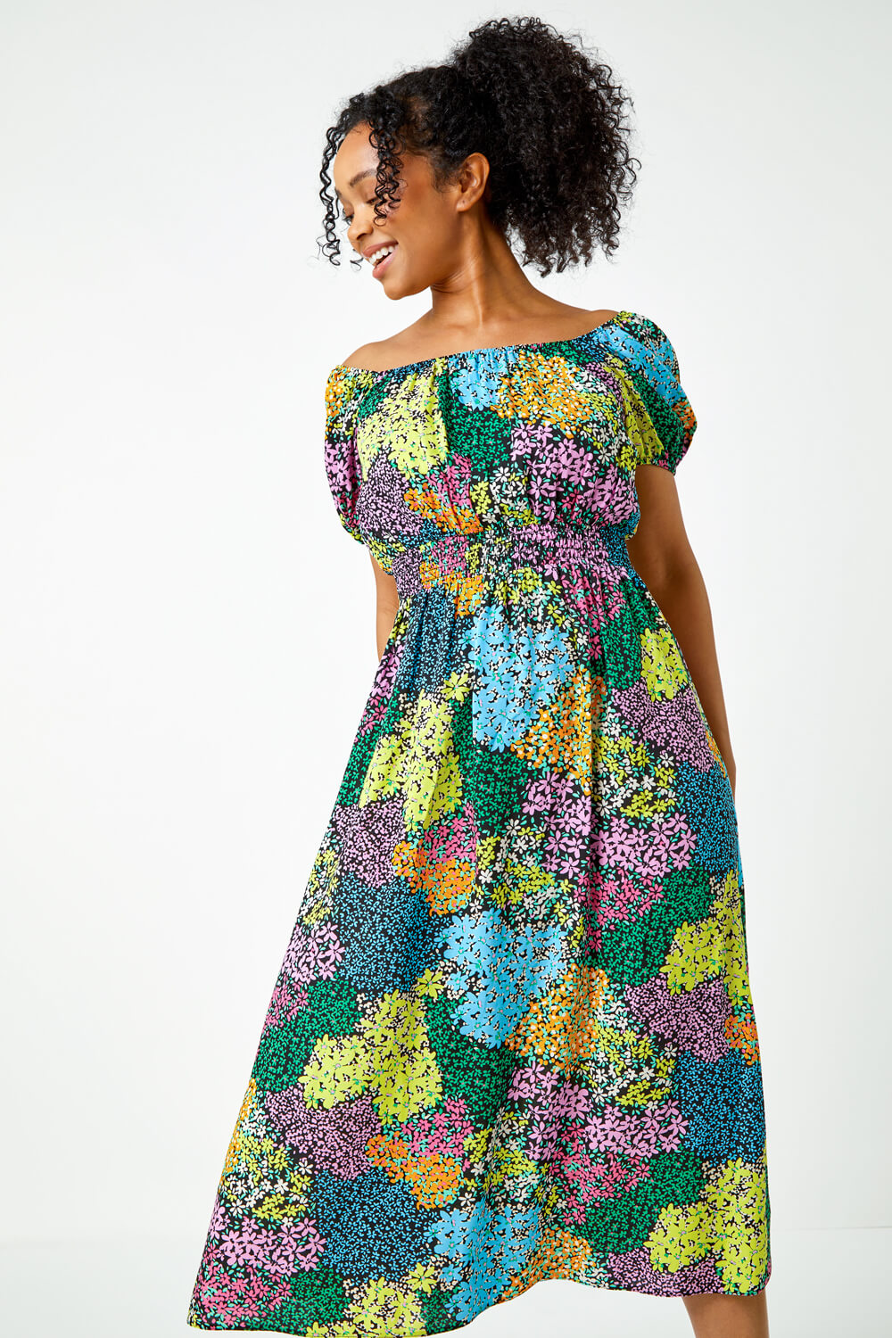 Black Petite Ditsy Floral Shirred Midi Dress