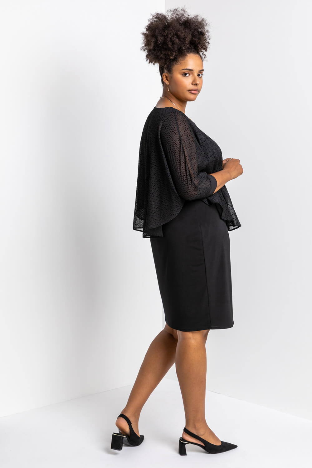 Black Curve Flock Spot Chiffon Overlay Dress