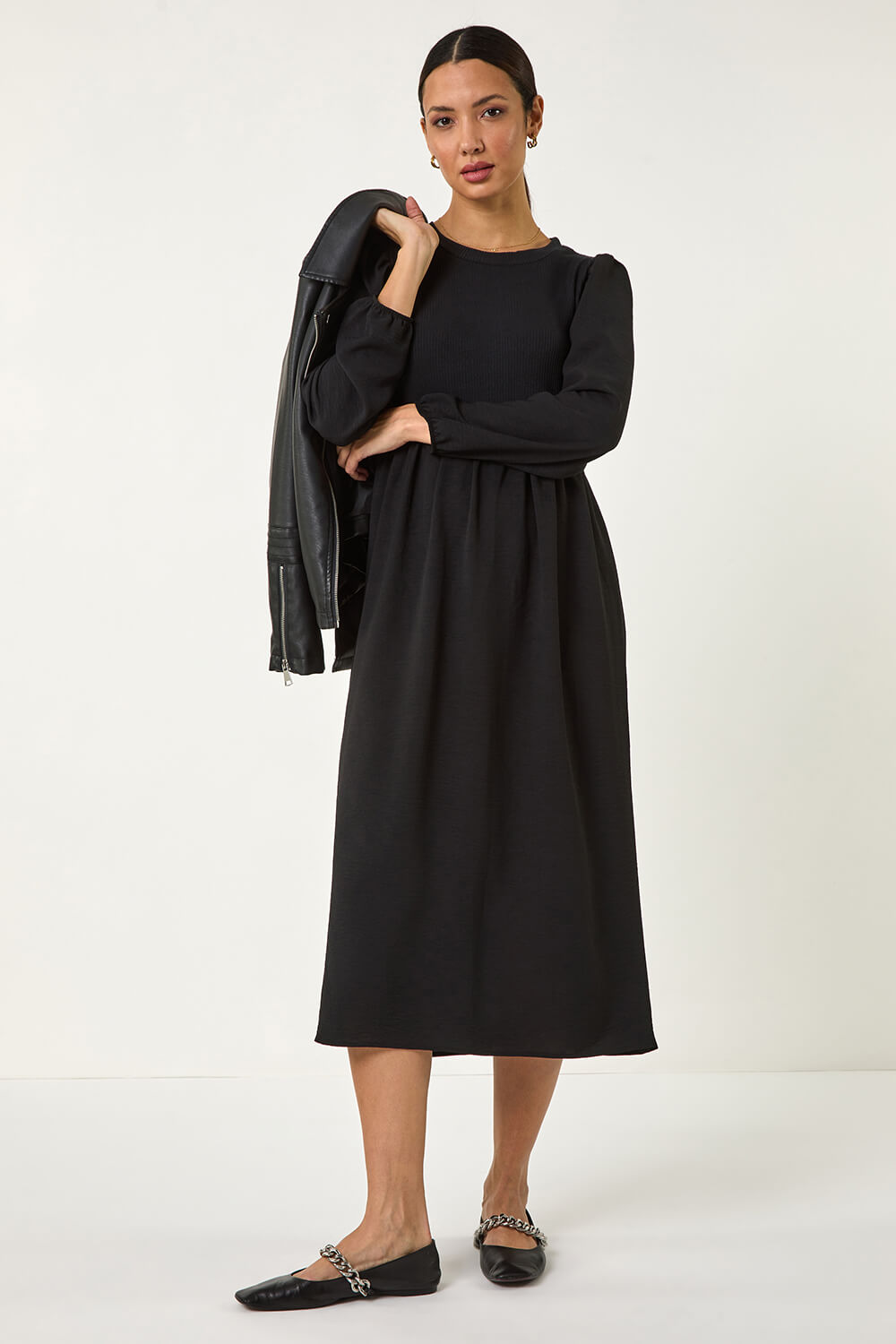 Black Jersey Mix Stretch Midi Dress