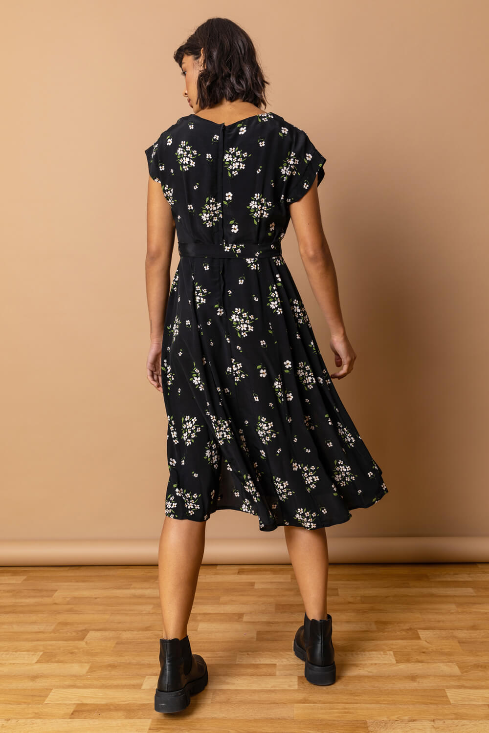 Black Floral Print Belted A-Line Shift Dress