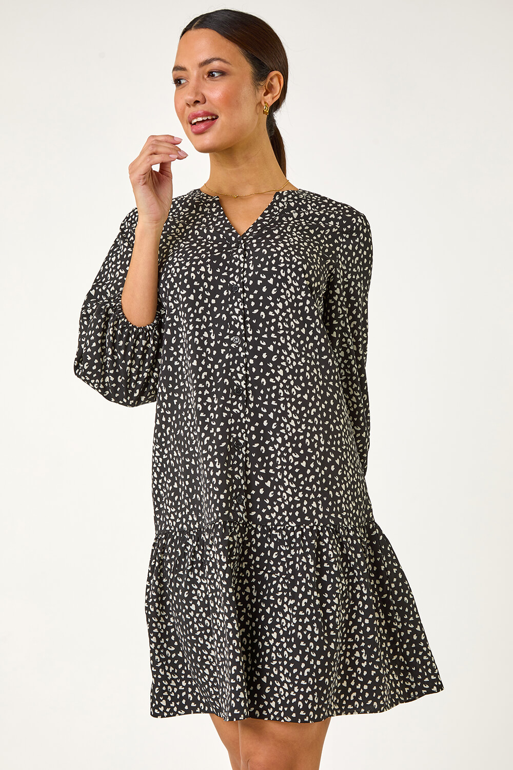 Black Abstract Spot Frill Shirt Dress