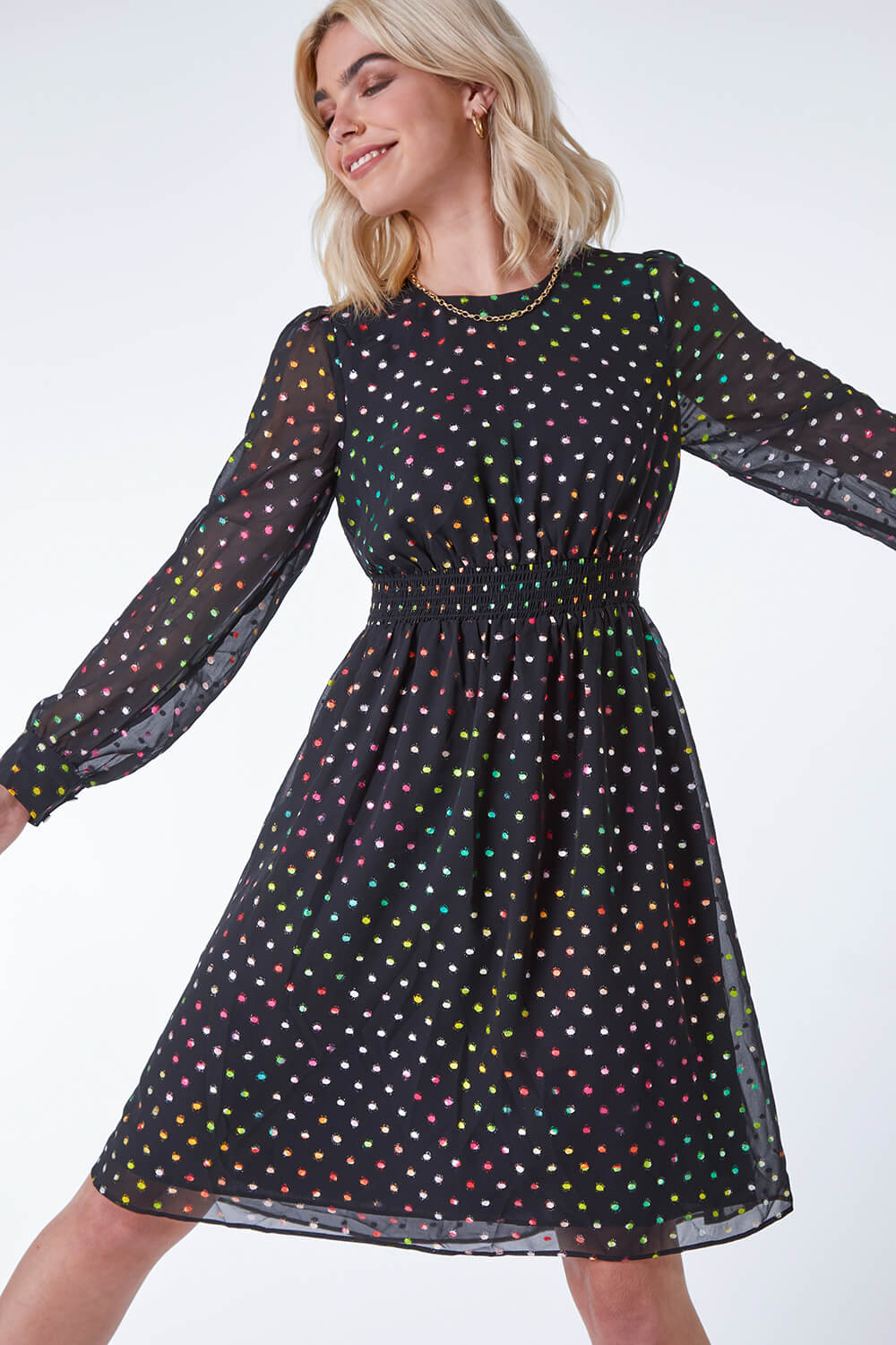 Black Metallic Spot Shirred Waist Dress