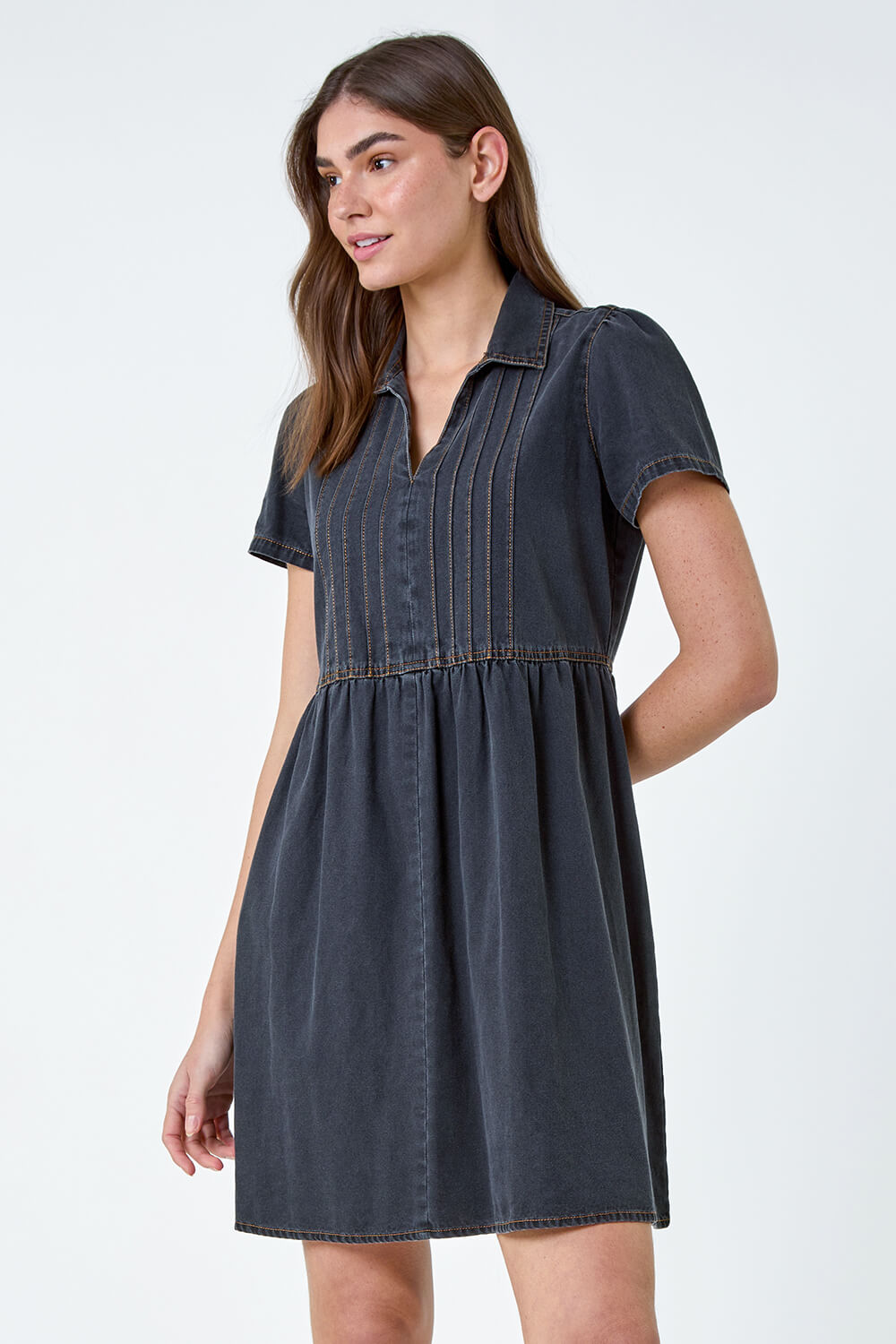 Black Cotton Denim Collared Dress